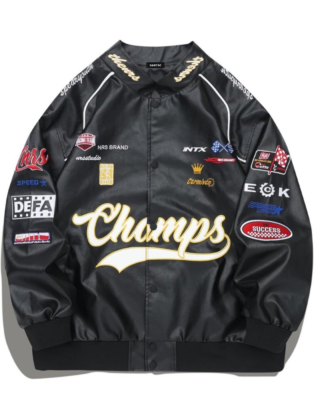 Oversized Vintage Faux Leather Motocross Jacket - Trendy Racing Varsity Bomber